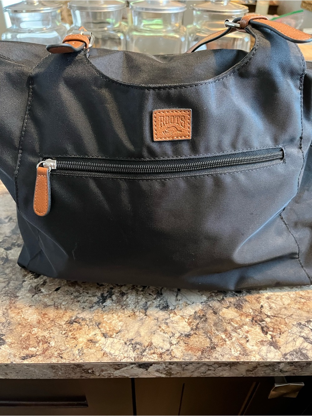Roots Black Nylon Tote with Brown Leather Accents